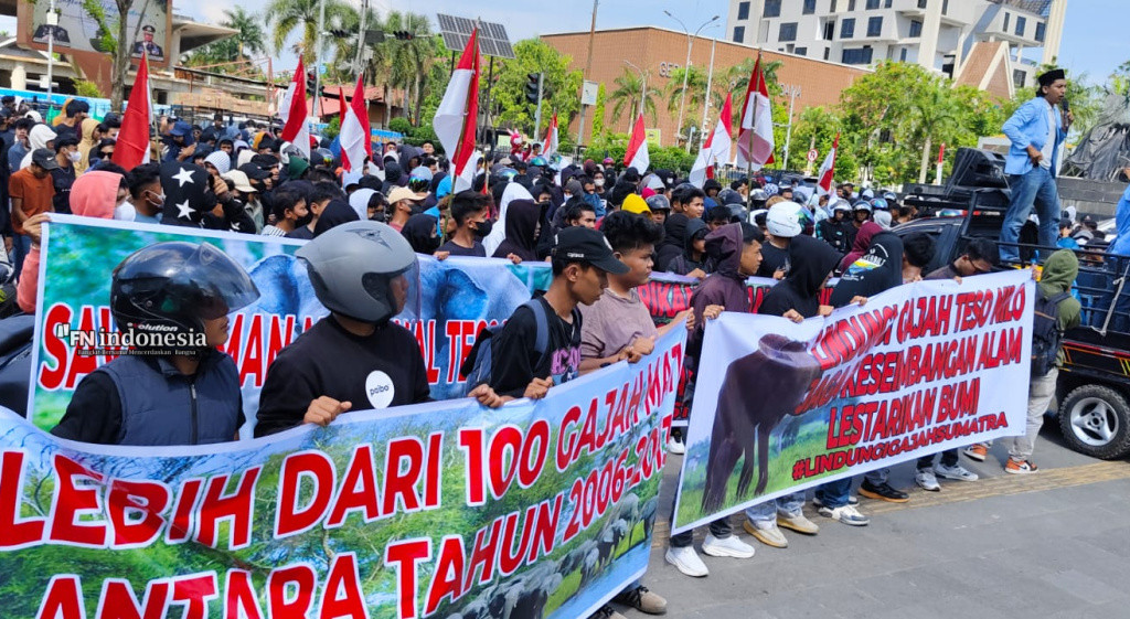 Ratusan Massa Serukan Penyelamatan TNTN, Serahkan Boneka Gajah dan Petisi ke Kantor Gubernur dan Kejati Riau